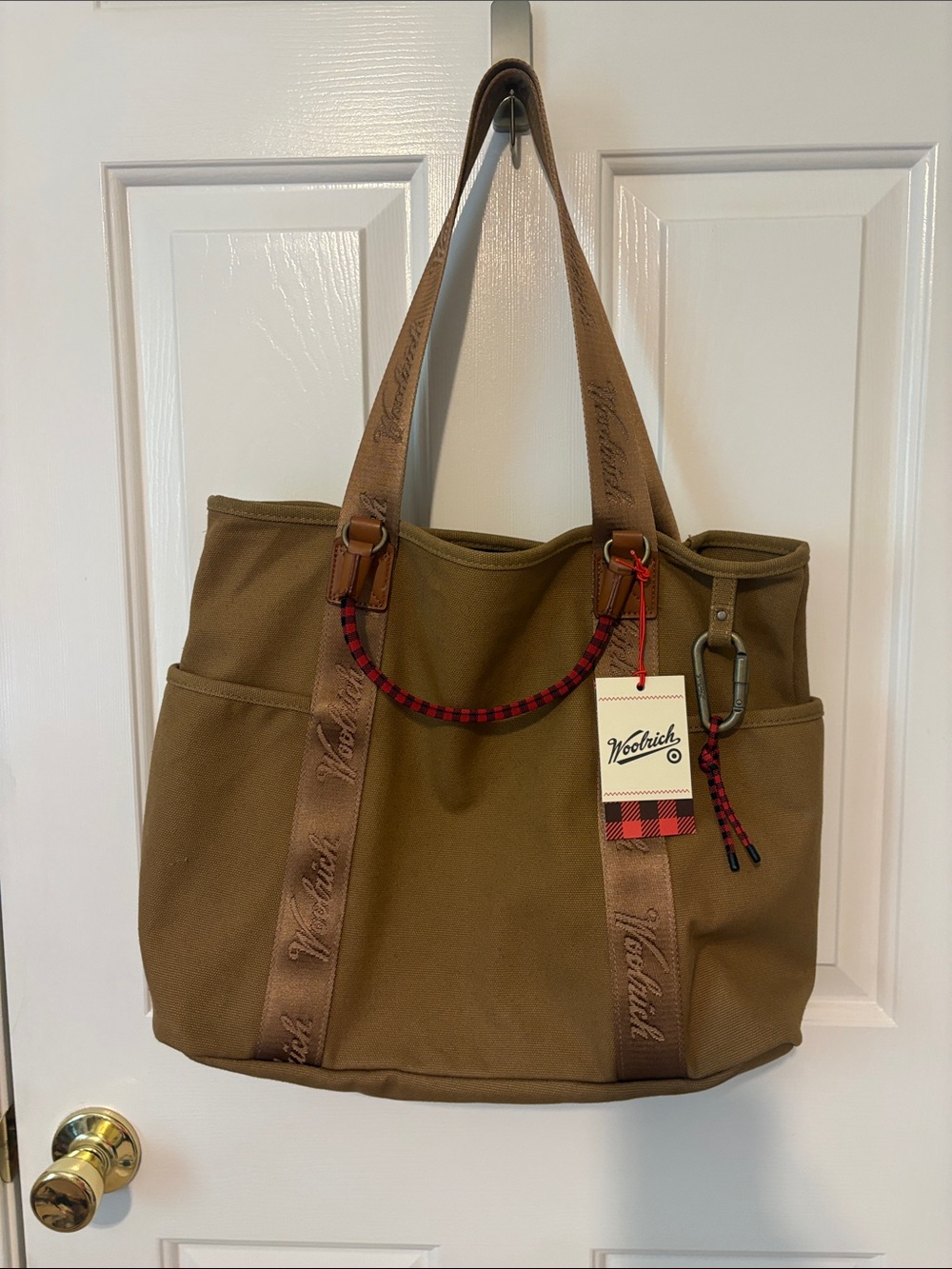 Woolrich Olive Canvas Tote with Brown Straps and Red Plaid Accent